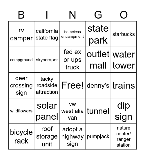 CA Roadtrip Bingo Card