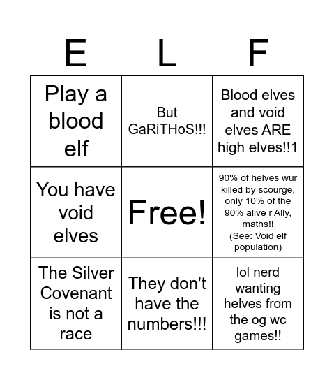 WoW High ELF Pushback Bingo Card