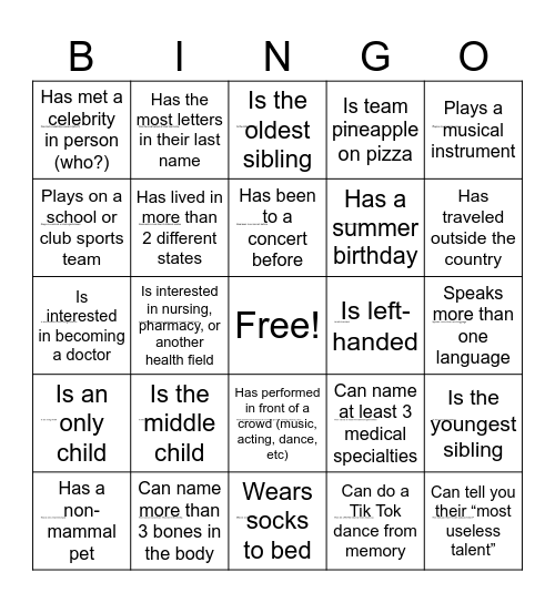 Weeks of Medicine Human Bingo! Bingo Card
