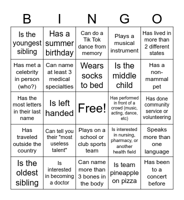 Weeks of Medicine Human Bingo! Bingo Card