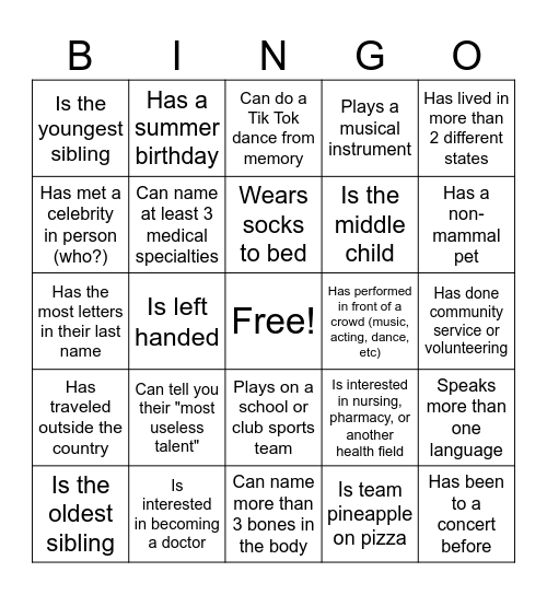 Weeks of Medicine Human Bingo! Bingo Card