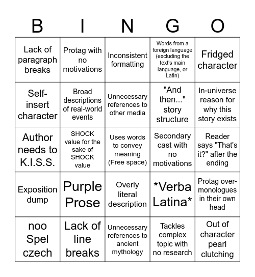 Writing Tropes Bingo Card