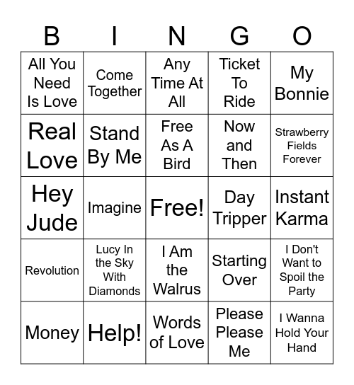 Beatles Bingo Blast Bingo Card