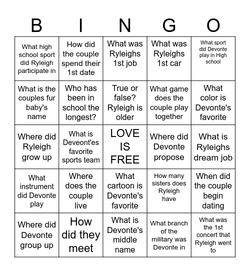 Get to know Ryleigh and Devonte Bingo Card