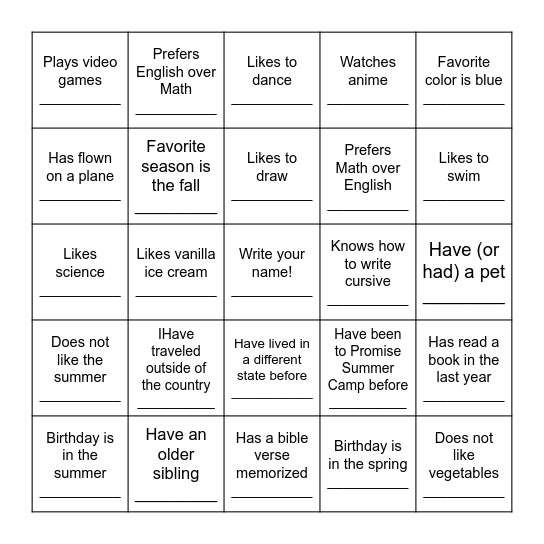 Get to Know Each Other Bingo Card