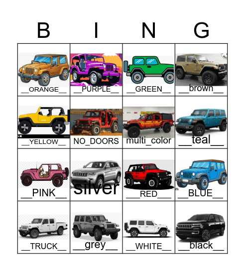 Jeep Bingo Card