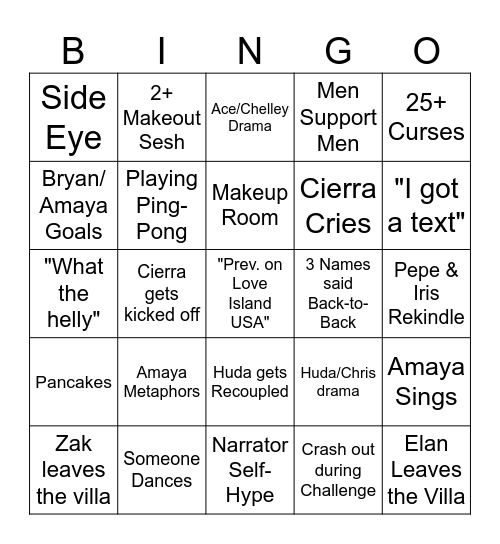 Ep. 29 Love Island Bingo Card