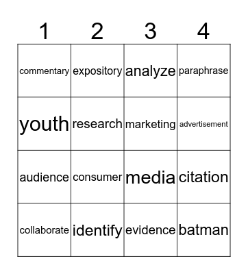 Vocabulary Bingo Card