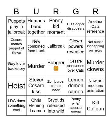 Bigtop Burger S3 Bingo Card