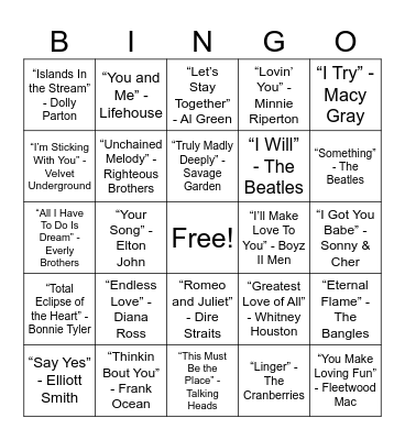 Love Songs Bingo Card