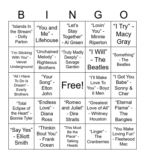 Love Songs Bingo Card