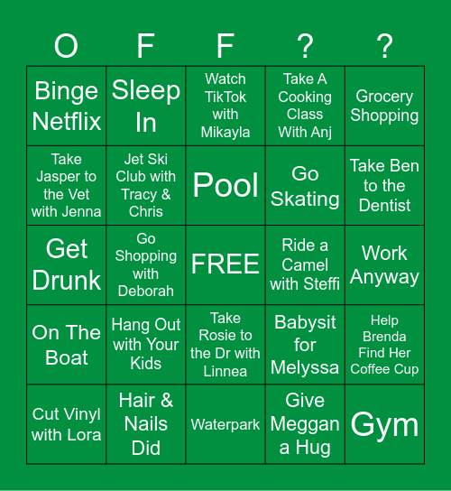 What Would You Do On A Day Bingo Card