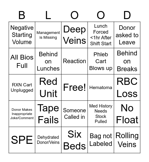 Phlebotomy Bingo Card