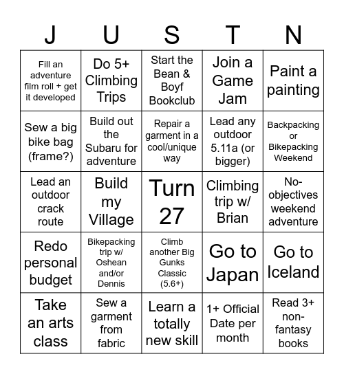Justingo Bingo Card