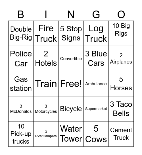 Car Bingo Card