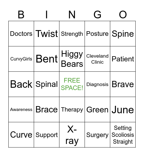 Scoliosis Bingo Card