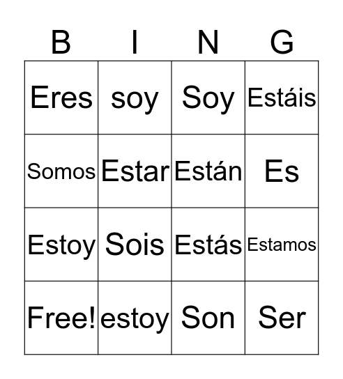 Ser/Estar Bingo Card