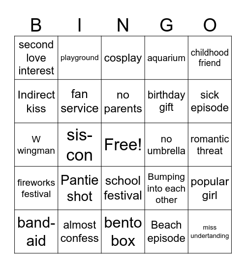 Romance anime Bingo Card