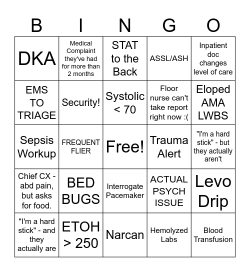 EMERGENCY ROOM BINGO Card