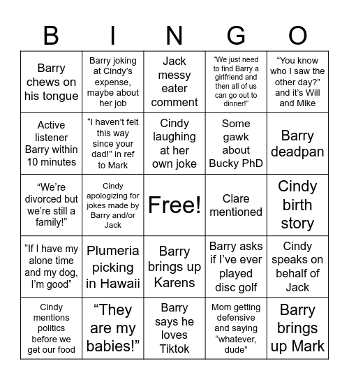 Meeting the Dinsmores! Bingo Card