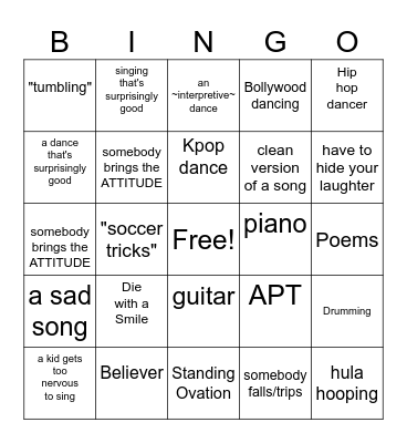 Talent Show Bingo Card