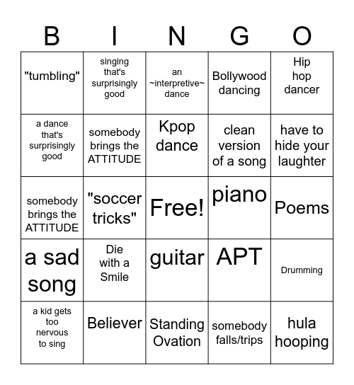 Talent Show Bingo Card