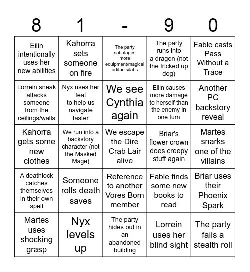 Sessions 81 - 90 Bingo Card