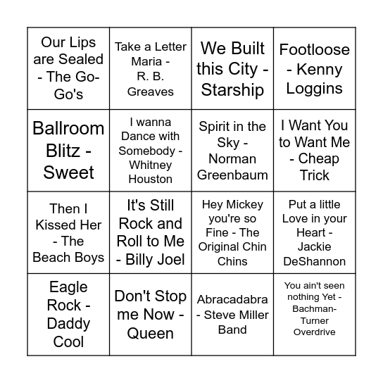 70's & 80's Bingo Card