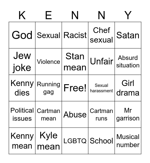 South Park puff Bingo Card