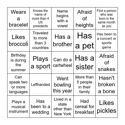 Get to know your classmates!! Bingo Card