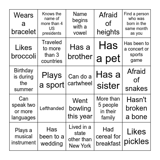 Get to know your classmates!! Bingo Card