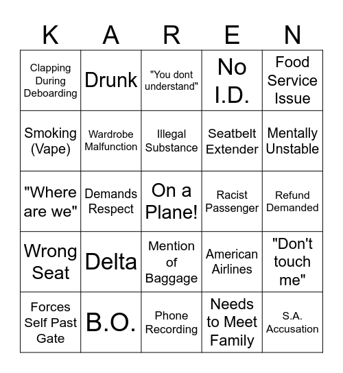 Plane Karen Bingo Card