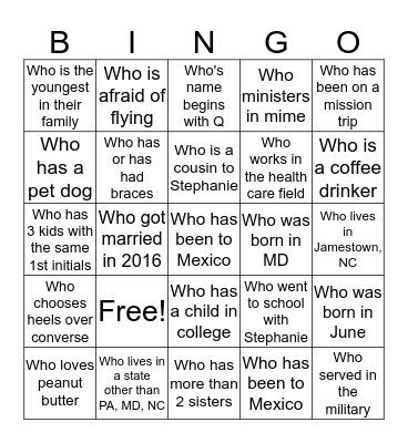 Friends & Family Bingo Card