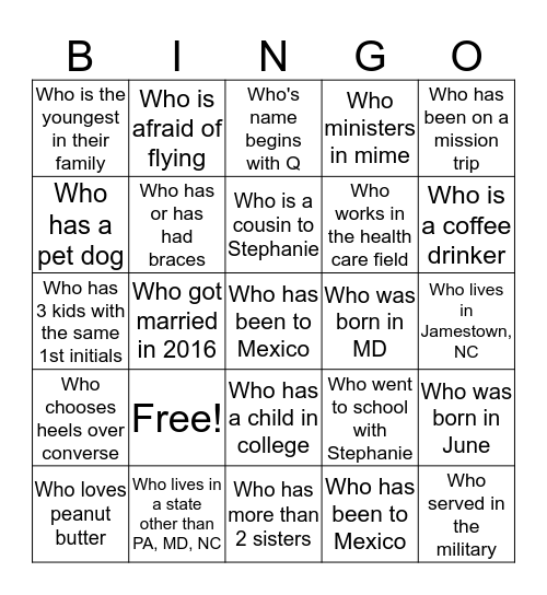 Friends & Family Bingo Card