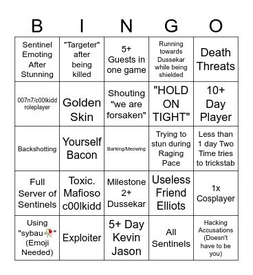 Forsaken Teammates Bingo Card