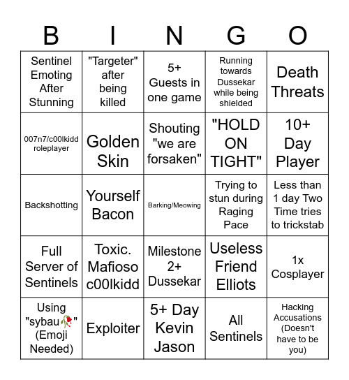 Forsaken Teammates Bingo Card