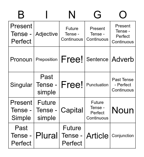 Grammar Bingo Card