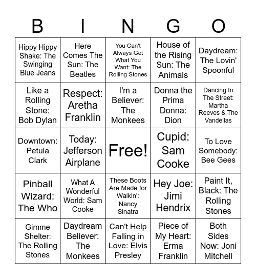 60's Hits Bingo Card