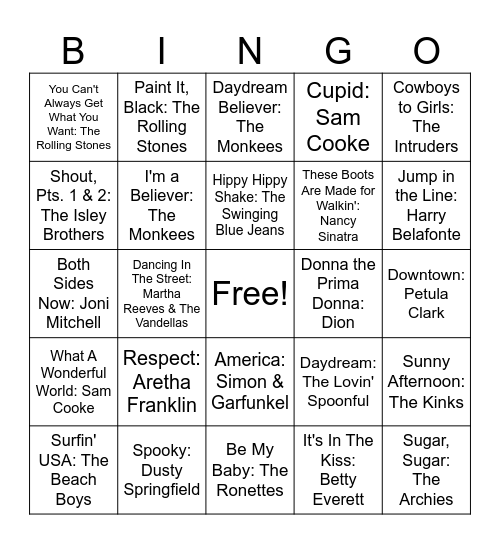 60's Hits Bingo Card