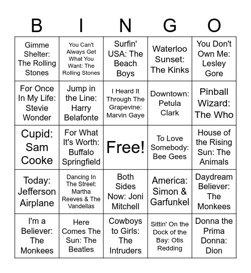 60's Hits Bingo Card