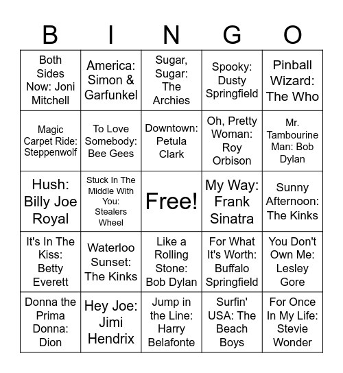 60's Hits Bingo Card