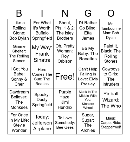 60's Hits Bingo Card