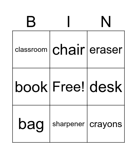 classroom object bingo Card