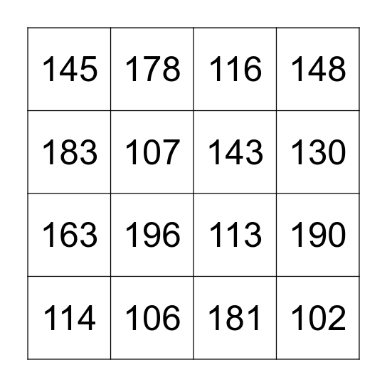 100 to 200 Bingo Card