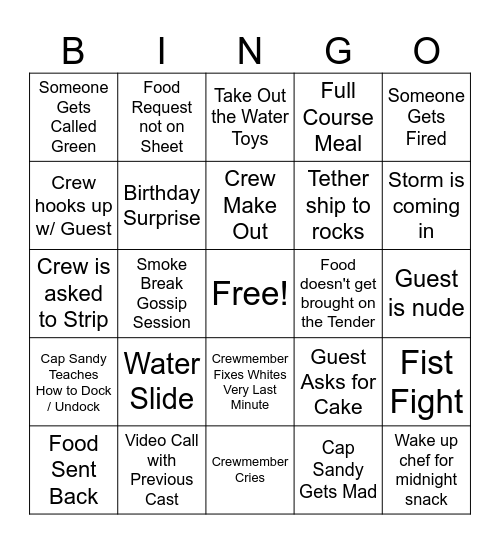 Below Deck Mediterranean Bingo Card