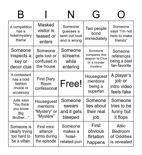 Big Brother Bingo Card