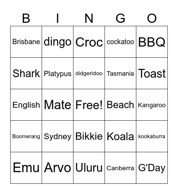 Australia Bingo Card