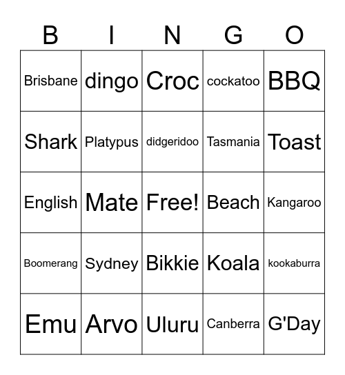 Australia Bingo Card