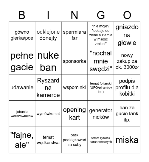 Typowy Strim Gucia Bingo Card