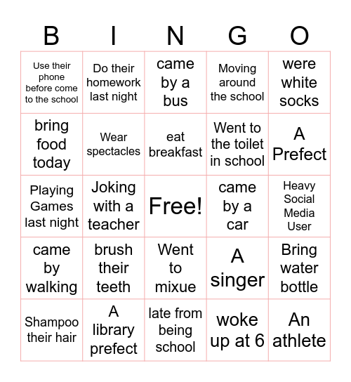 Teen edition Bingo Card